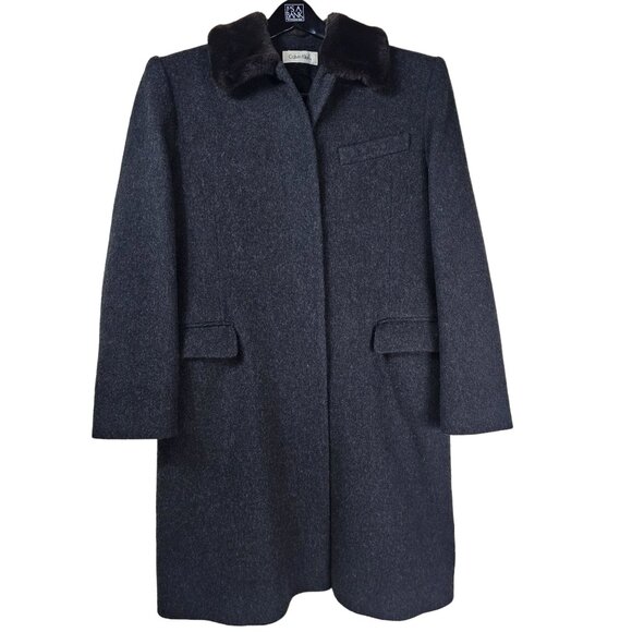 VTG Calvin Klein Merino Trench Coat Sz 14 Women Faux Fur Collar Quiet Luxury USA - Picture 1 of 13